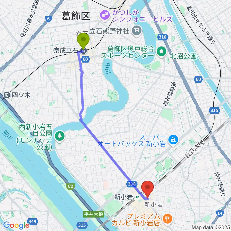 京成立石駅からUSボーカル教室新小岩駅前校へのルートマップ地図