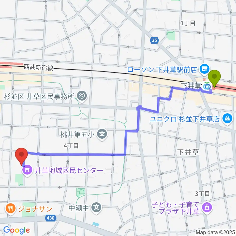 下井草駅からヒロミュージックスクールへのルートマップ地図