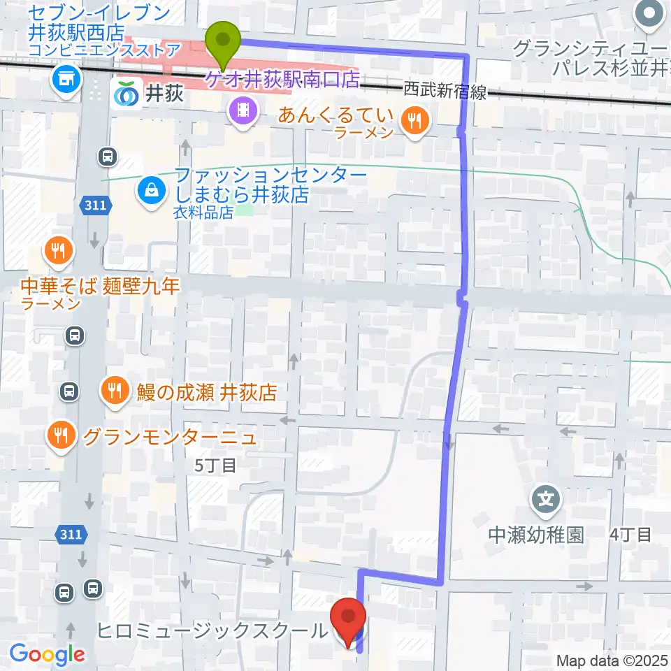 ヒロミュージックスクールの最寄駅井荻駅からの徒歩ルート（約7分）地図