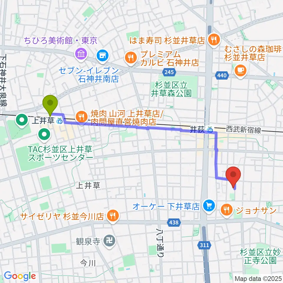 上井草駅からヒロミュージックスクールへのルートマップ地図