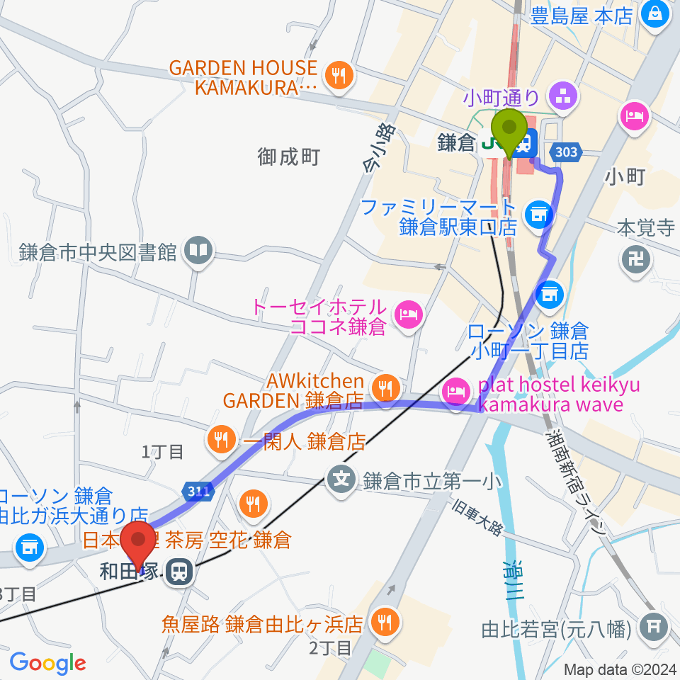 鎌倉駅から鎌倉アミ音楽教室へのルートマップ地図