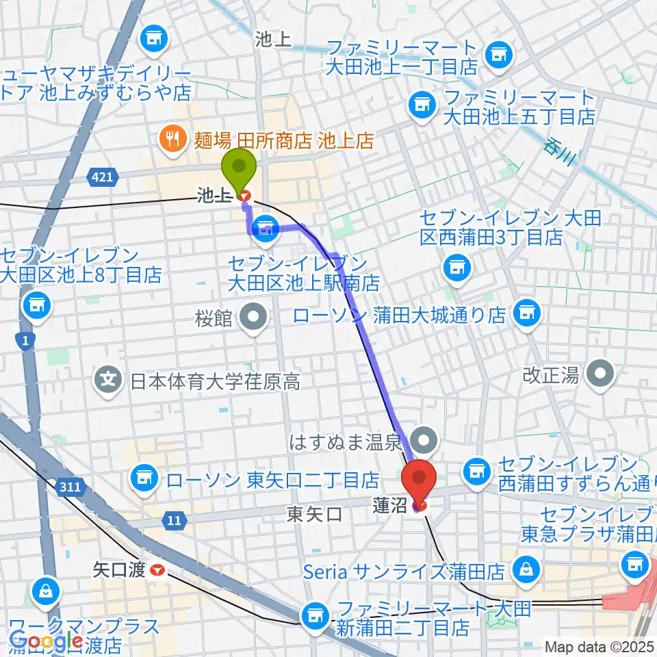 池上駅から齋藤春美おこと三味線教室へのルートマップ地図