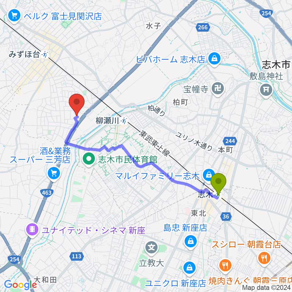 志木駅からドラム&パーカッションスクール トラストへのルートマップ地図