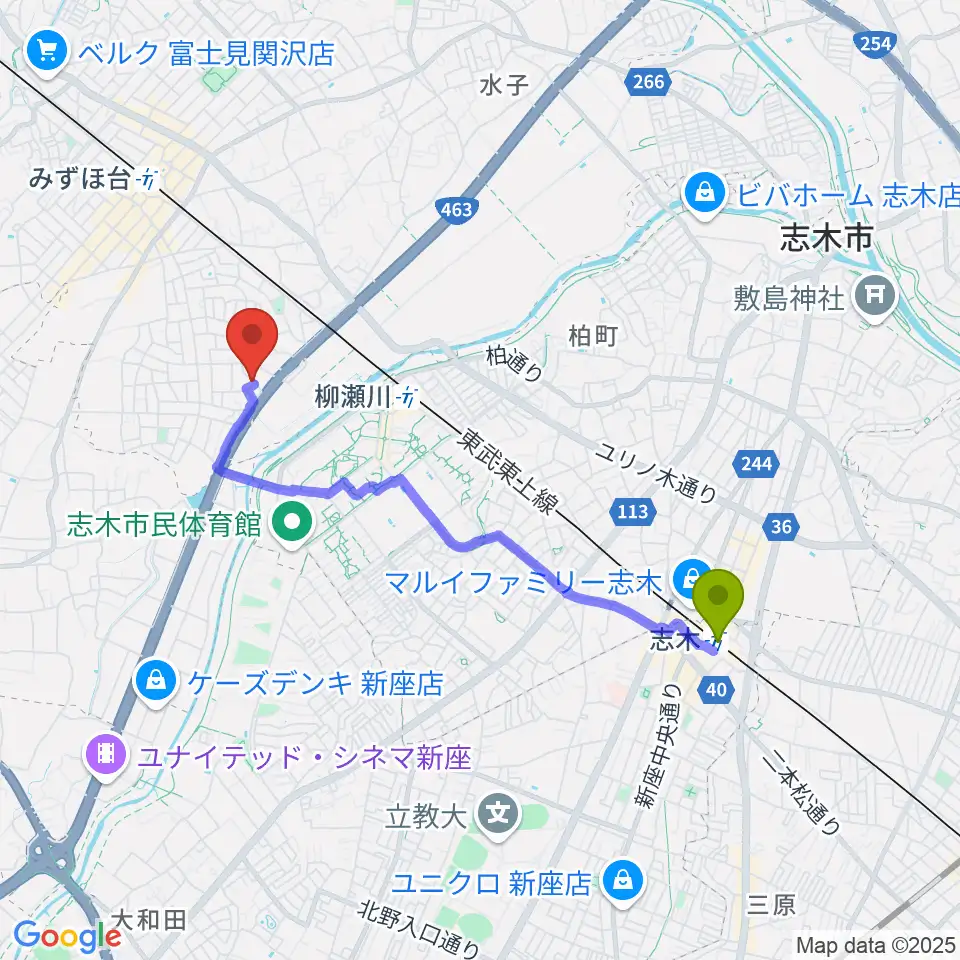 志木駅からドラム&パーカッションスクール トラストへのルートマップ地図