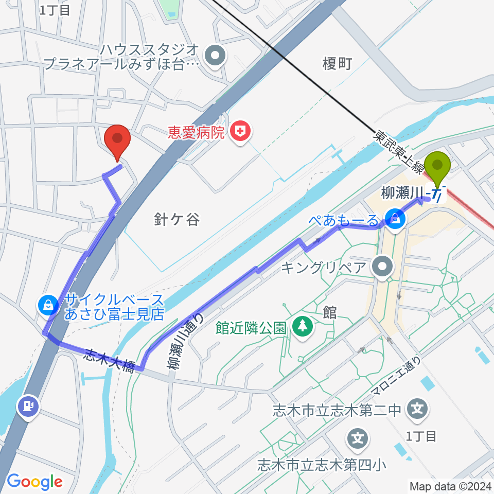 ドラム&パーカッションスクール トラストの最寄駅柳瀬川駅からの徒歩ルート（約10分）地図