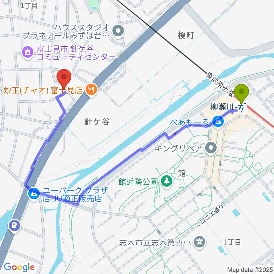 ドラム&パーカッションスクール トラストの最寄駅柳瀬川駅からの徒歩ルート（約10分）地図