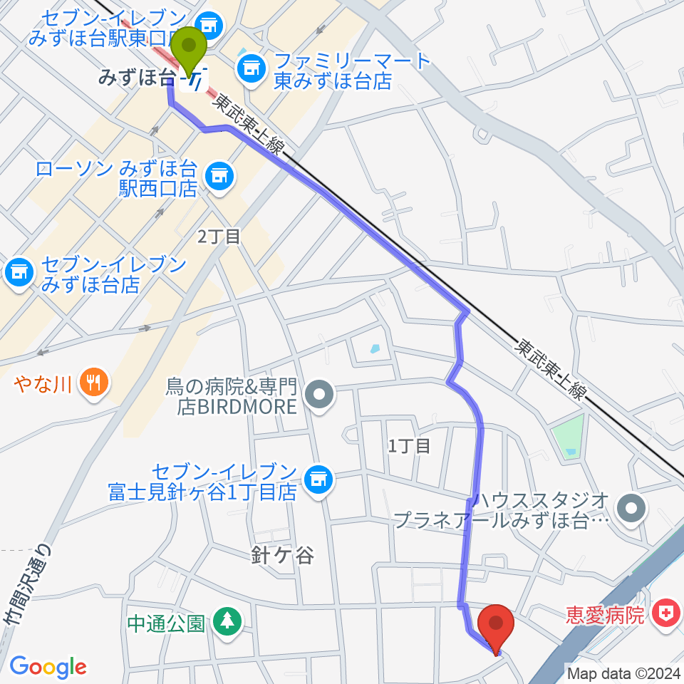 みずほ台駅からドラム&パーカッションスクール トラストへのルートマップ地図