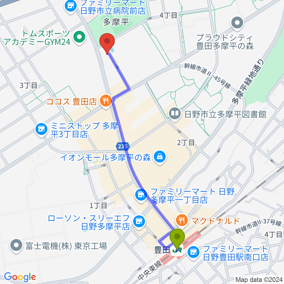 ミュージックスクールTakashimaの最寄駅豊田駅からの徒歩ルート（約11分）地図