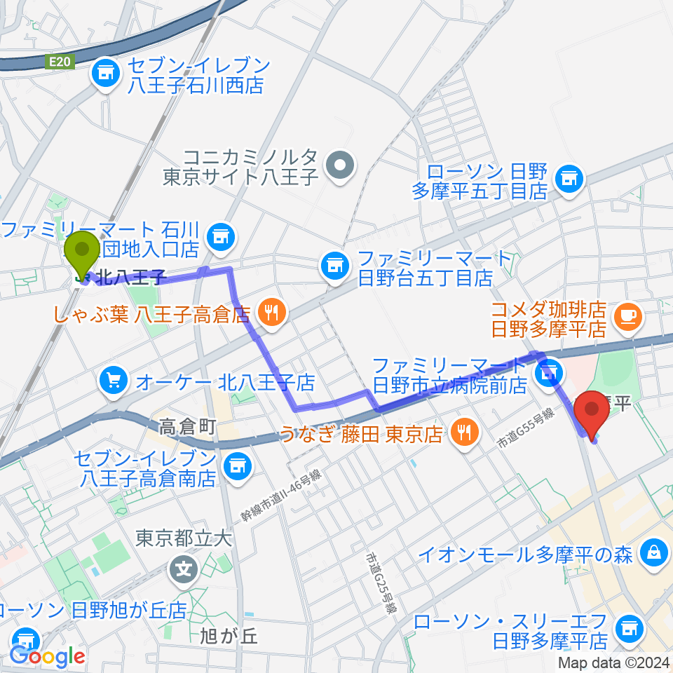 北八王子駅からミュージックスクールTakashimaへのルートマップ地図