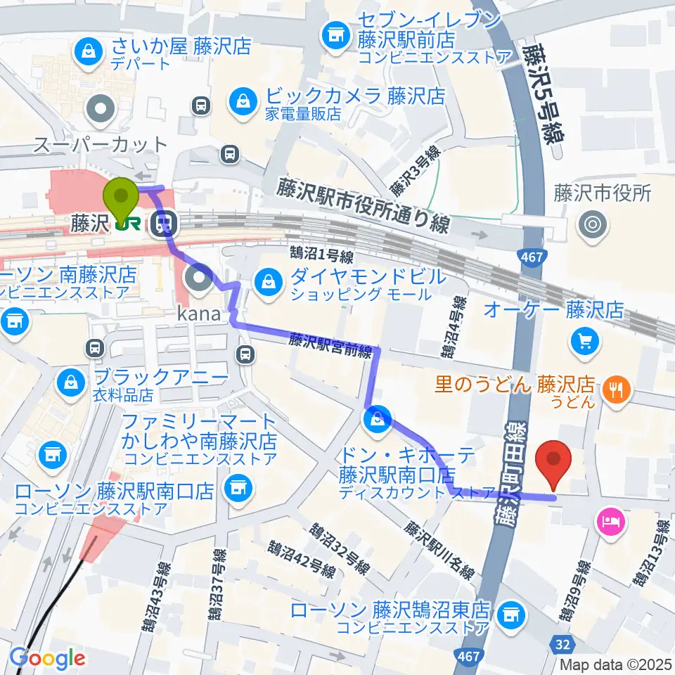 音楽教室パセオの最寄駅藤沢駅からの徒歩ルート（約6分）地図