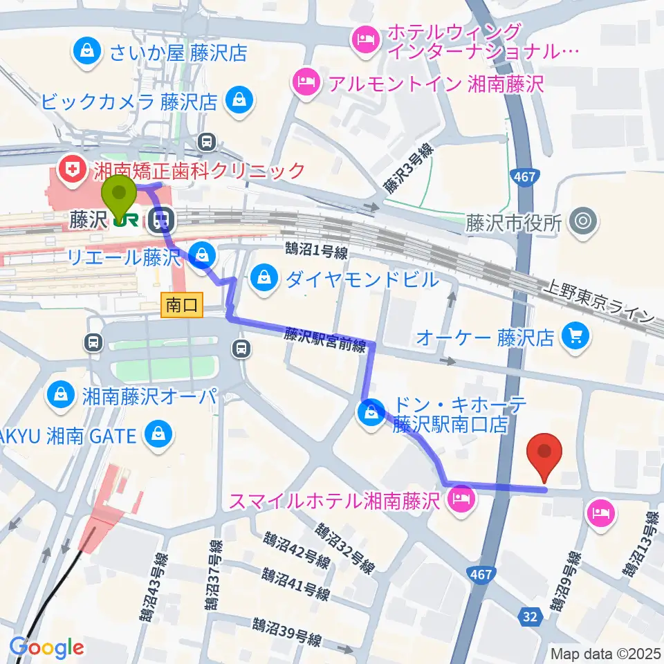 音楽教室パセオの最寄駅藤沢駅からの徒歩ルート（約6分）地図