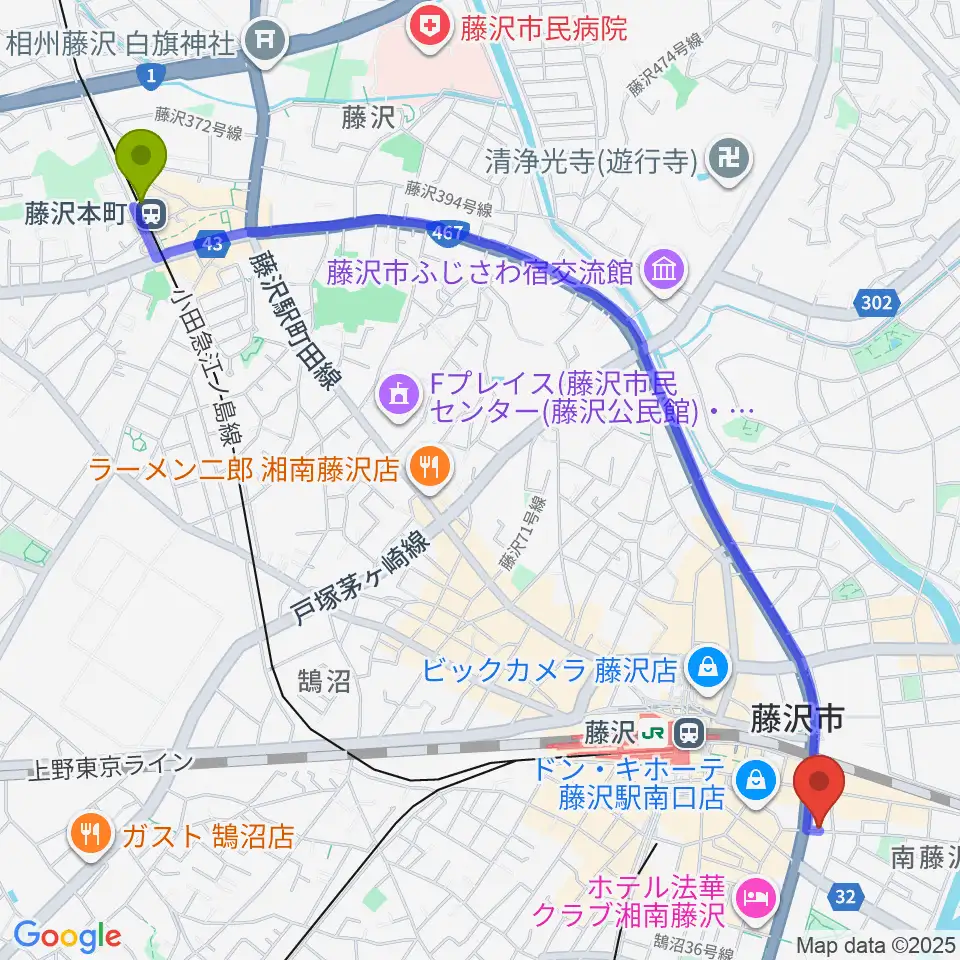 藤沢本町駅から音楽教室パセオへのルートマップ地図