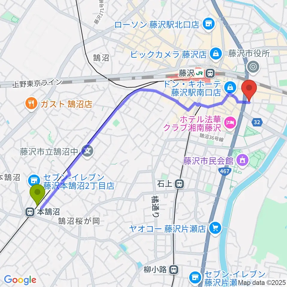 本鵠沼駅から音楽教室パセオへのルートマップ地図