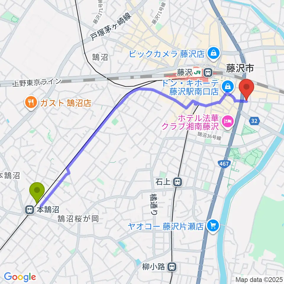 本鵠沼駅から音楽教室パセオへのルートマップ地図