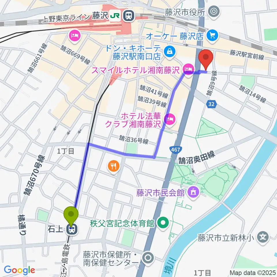 石上駅から音楽教室パセオへのルートマップ地図