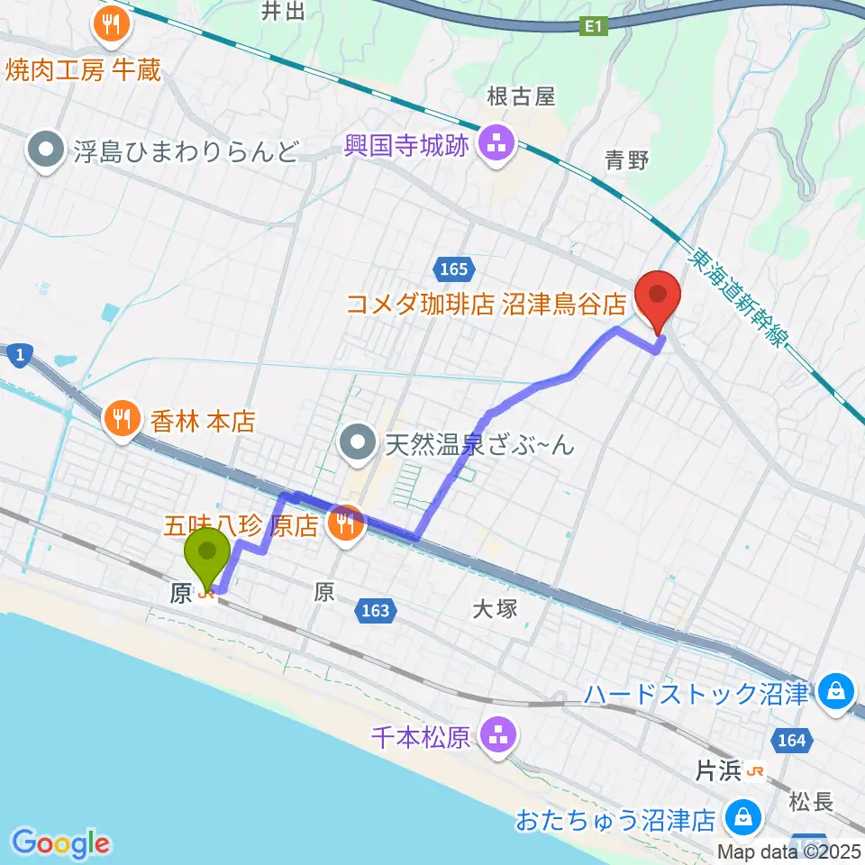 原駅からミュージック・ラフェスタへのルートマップ地図