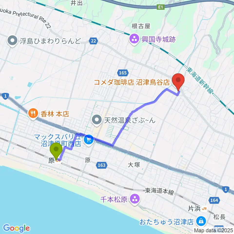 原駅からミュージック・ラフェスタへのルートマップ地図