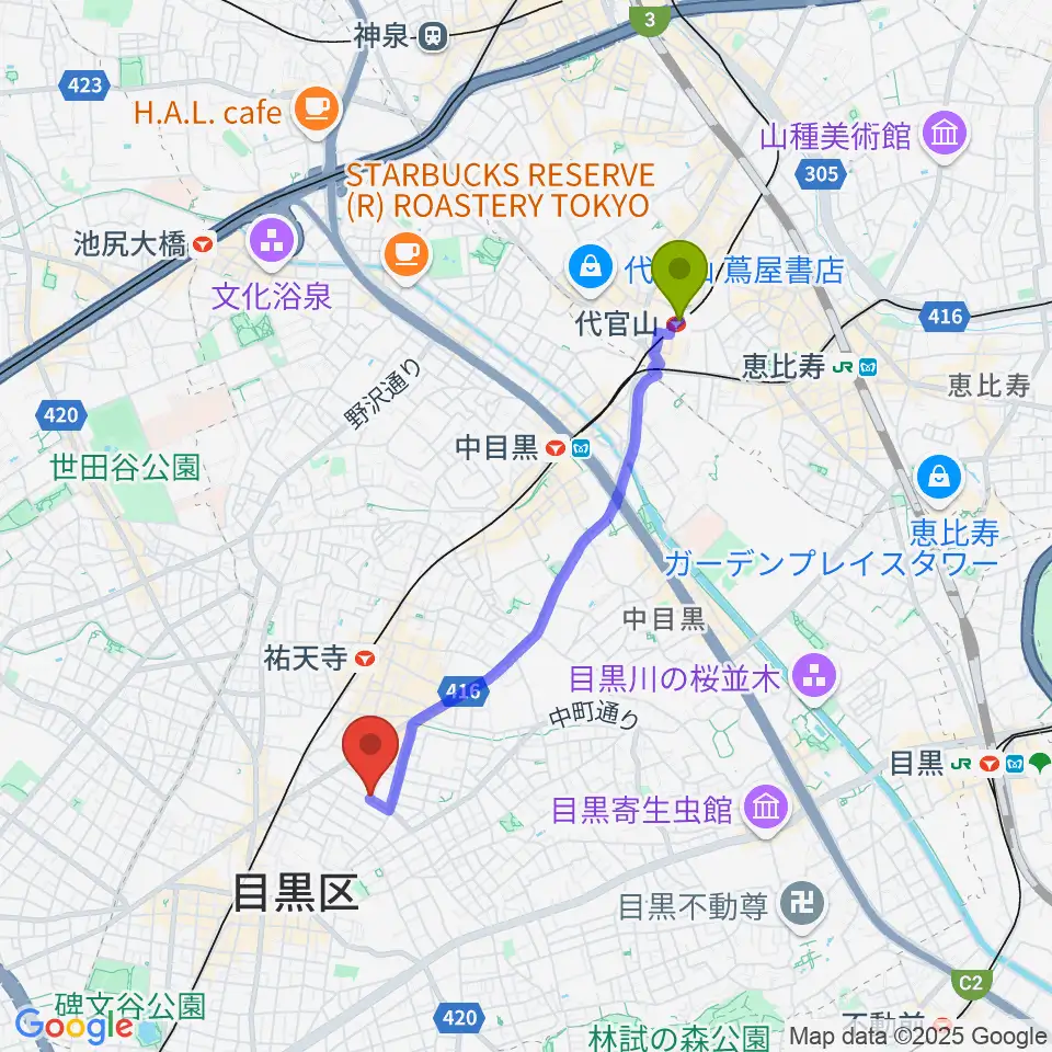 代官山駅から中島晴美ギター教室へのルートマップ地図