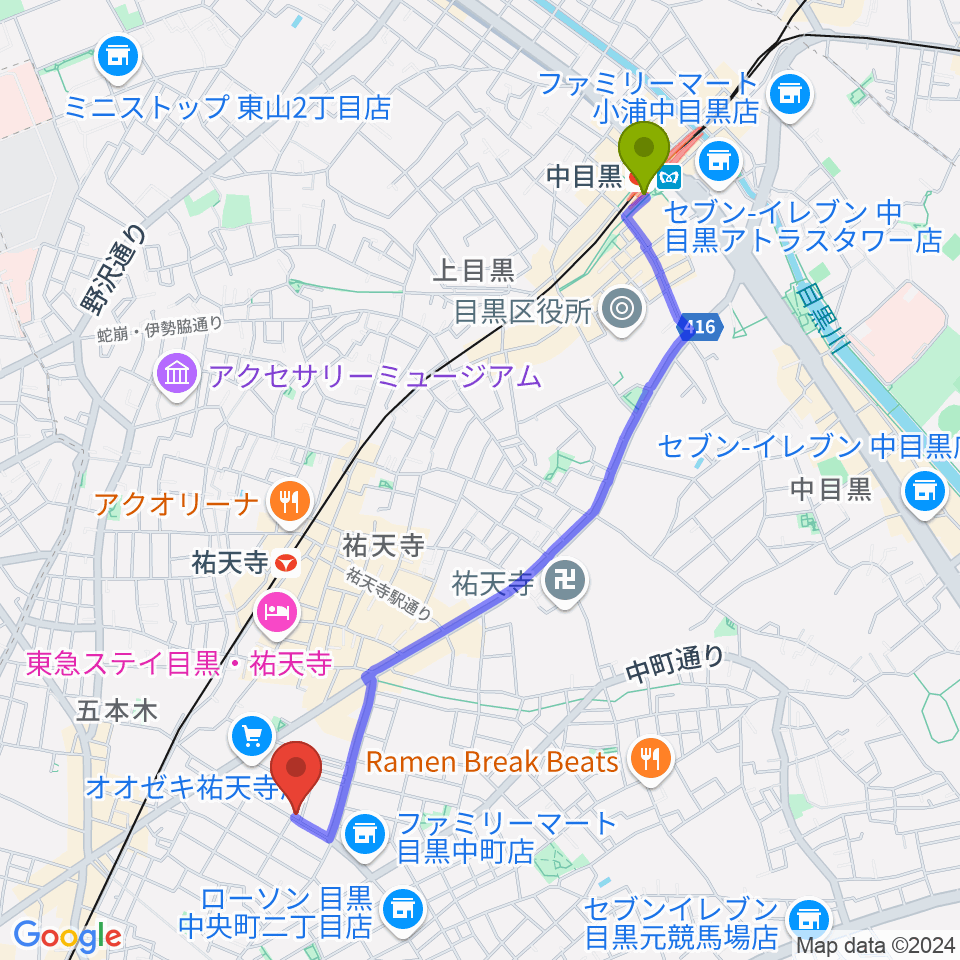 中目黒駅から中島晴美ギター教室へのルートマップ地図