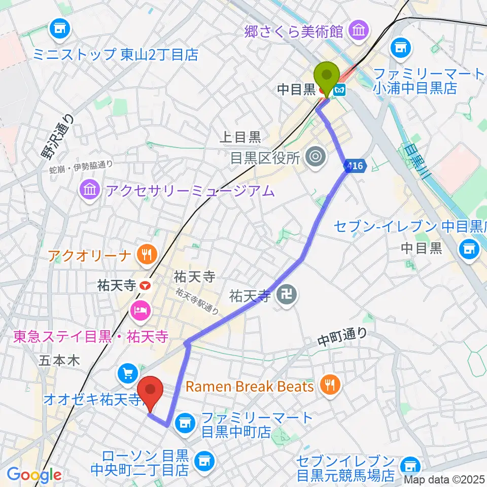 中目黒駅から中島晴美ギター教室へのルートマップ地図