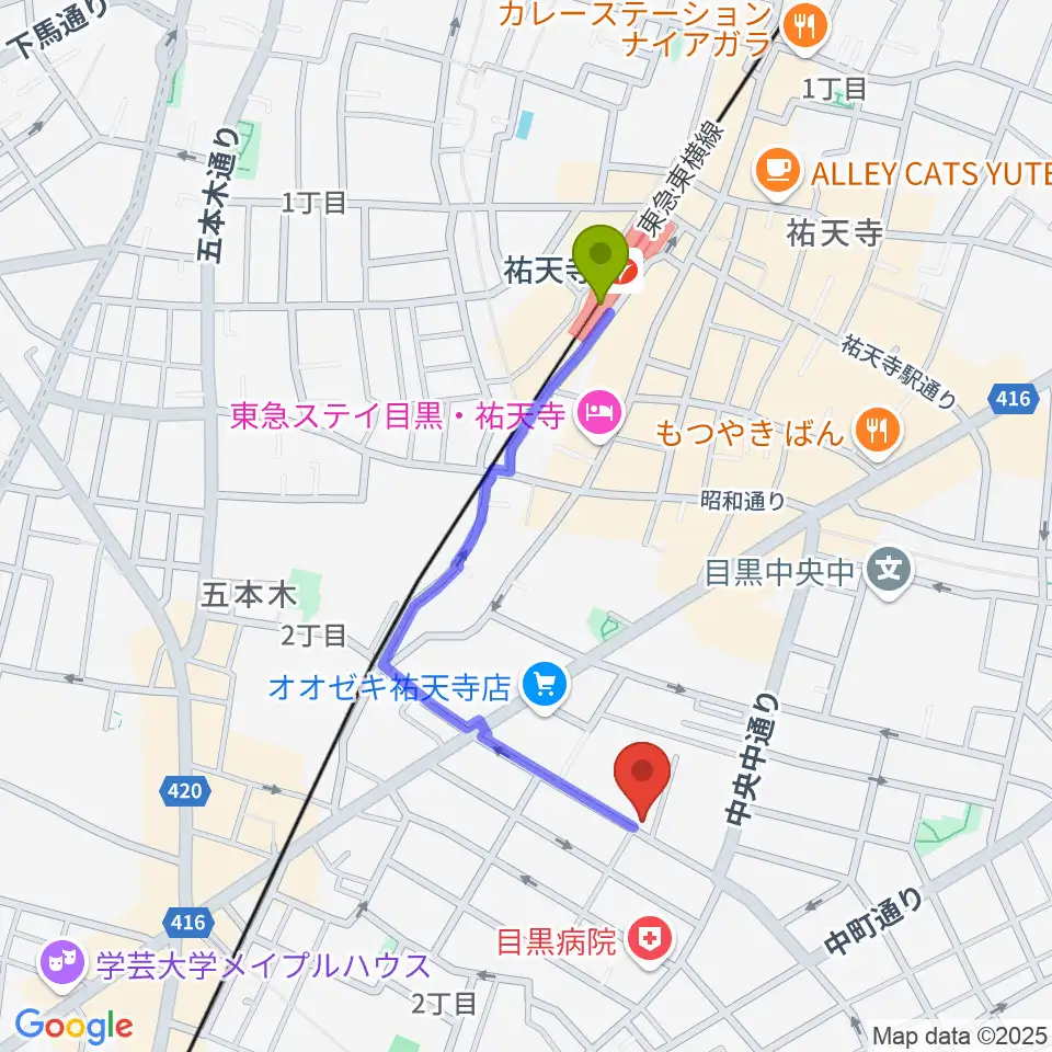 中島晴美ギター教室の最寄駅祐天寺駅からの徒歩ルート（約8分）地図