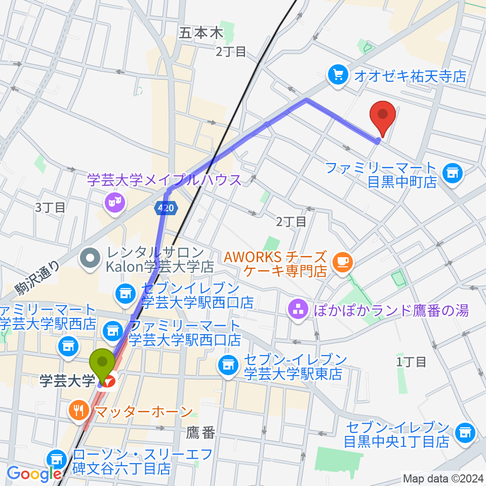 学芸大学駅から中島晴美ギター教室へのルートマップ地図