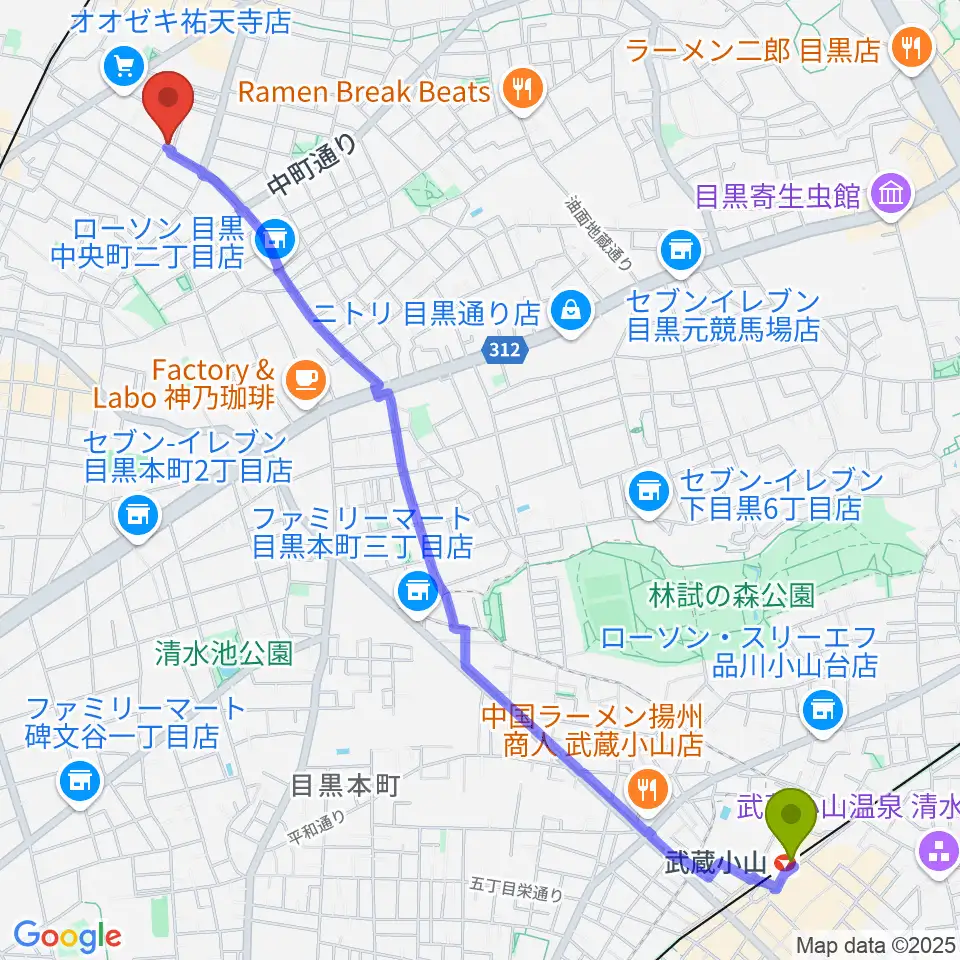 武蔵小山駅から中島晴美ギター教室へのルートマップ地図