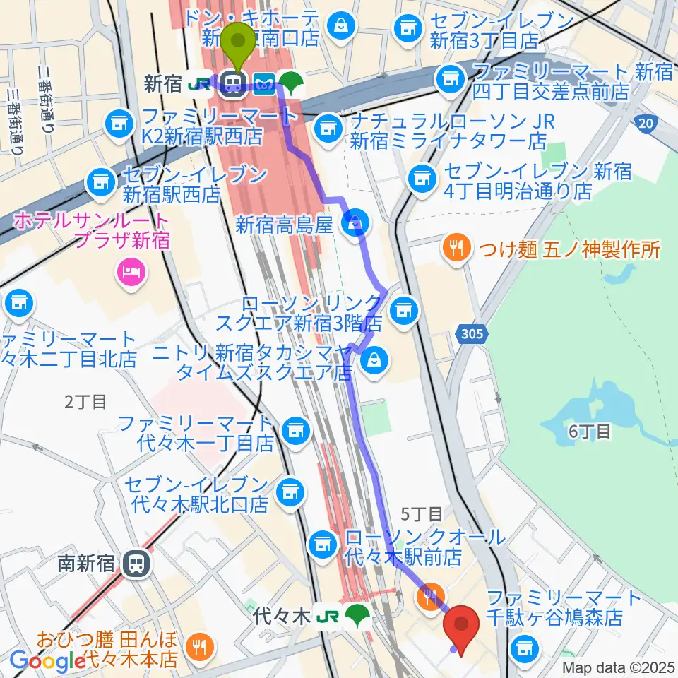 新宿駅からミューズ音楽院へのルートマップ地図