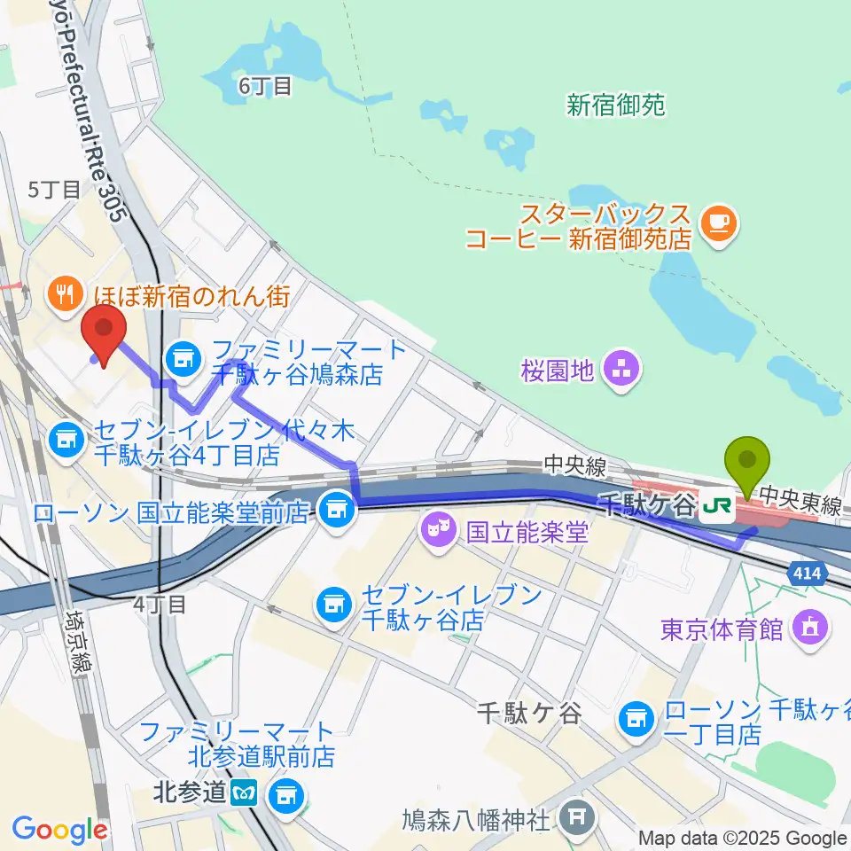 千駄ケ谷駅からミューズ音楽院へのルートマップ地図