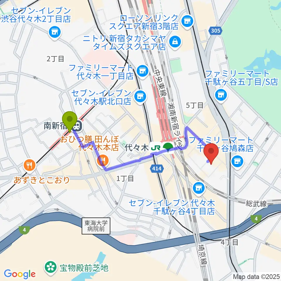 南新宿駅からミューズ音楽院へのルートマップ地図