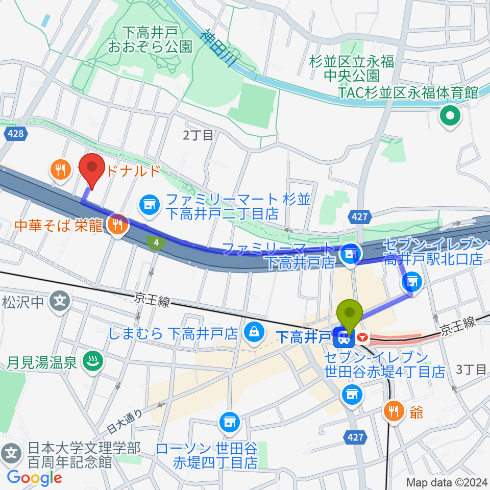 下高井戸駅から飯田ジャズスクールへのルートマップ地図