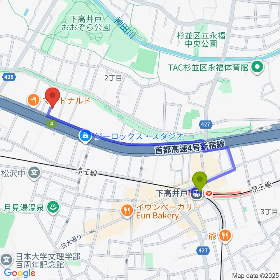 下高井戸駅から飯田ジャズスクールへのルートマップ地図