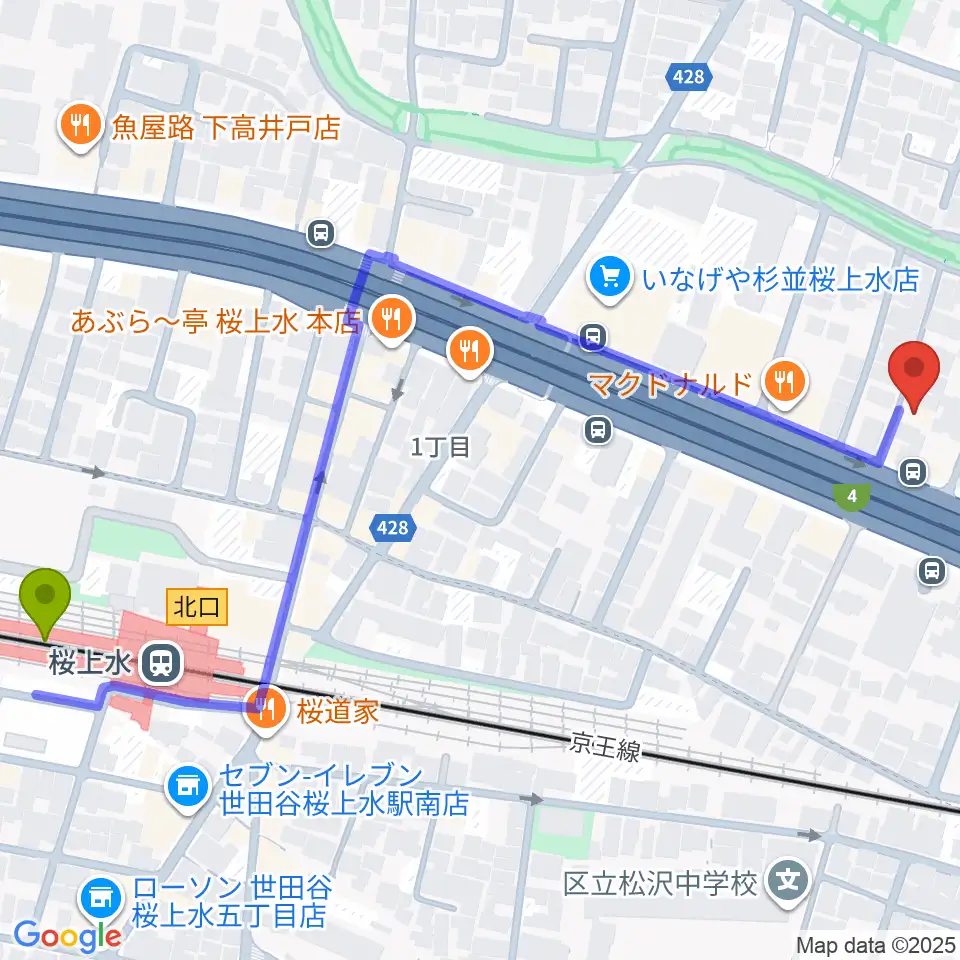 飯田ジャズスクールの最寄駅桜上水駅からの徒歩ルート（約7分）地図