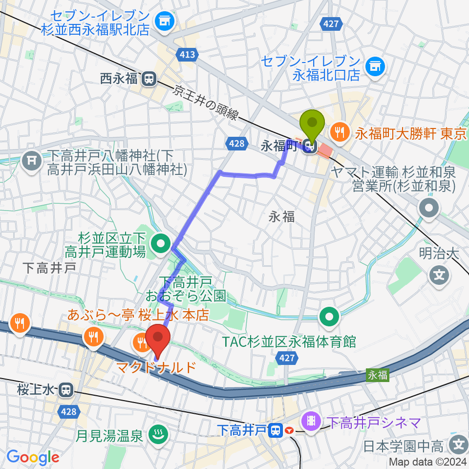 永福町駅から飯田ジャズスクールへのルートマップ地図