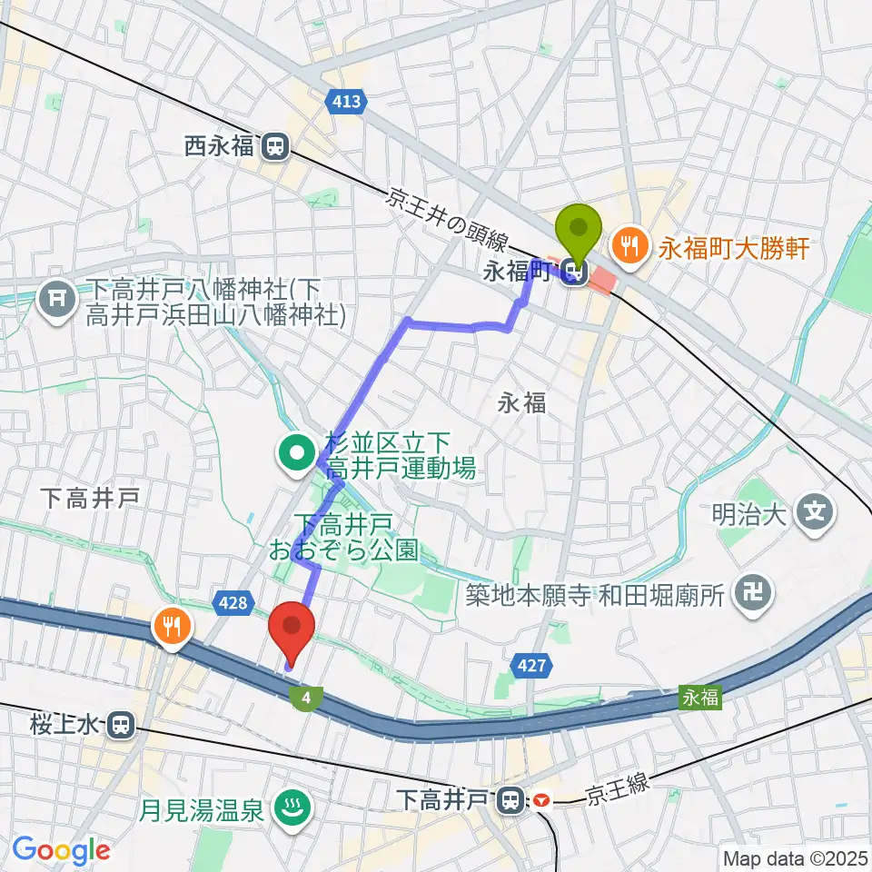 永福町駅から飯田ジャズスクールへのルートマップ地図