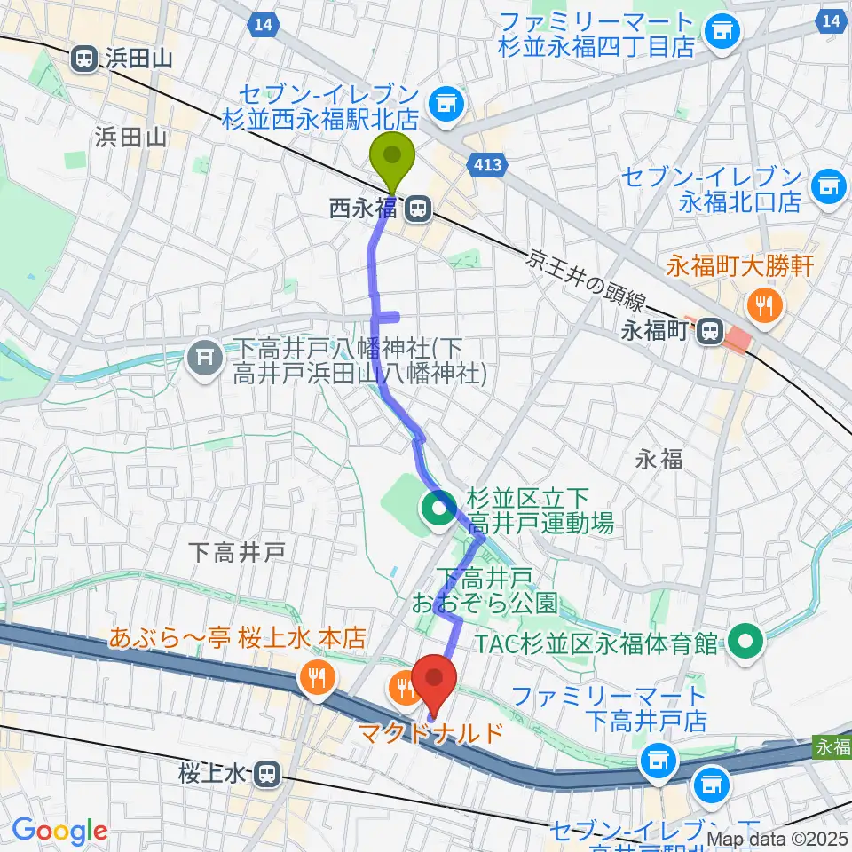 西永福駅から飯田ジャズスクールへのルートマップ地図