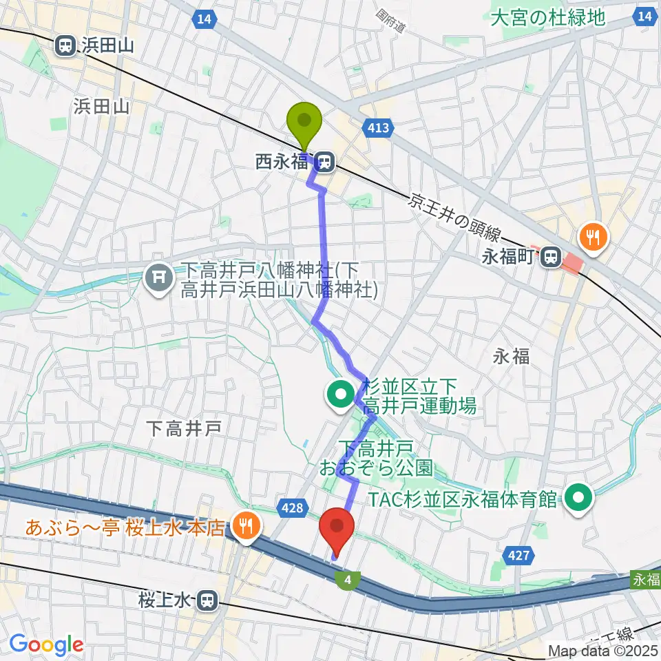 西永福駅から飯田ジャズスクールへのルートマップ地図