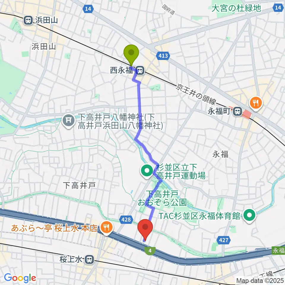 西永福駅から飯田ジャズスクールへのルートマップ地図