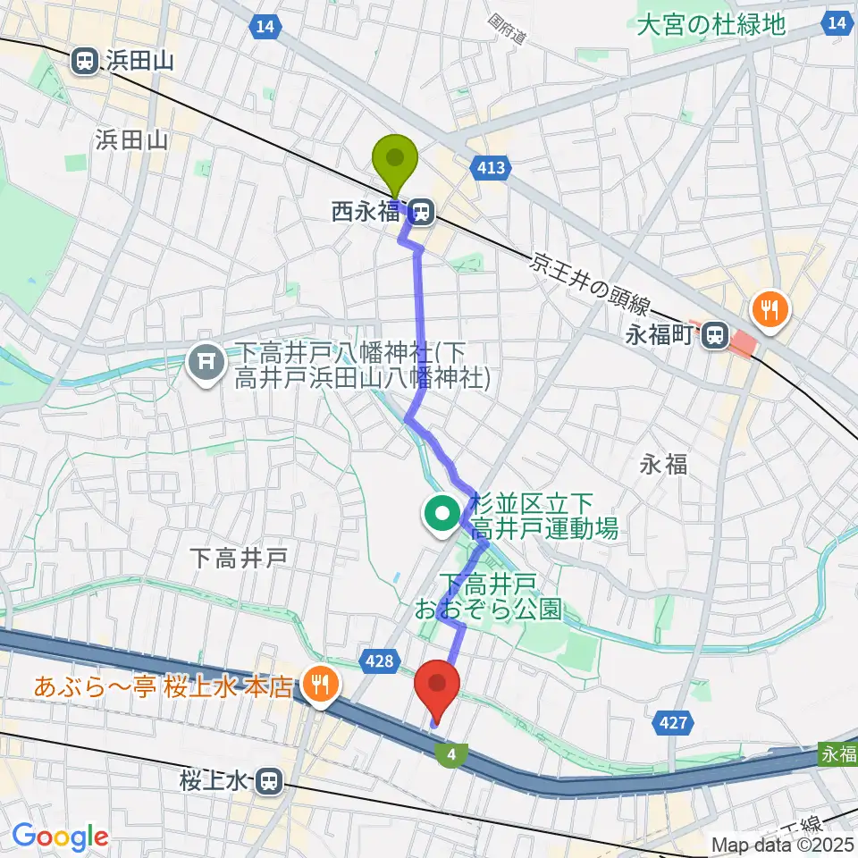 西永福駅から飯田ジャズスクールへのルートマップ地図