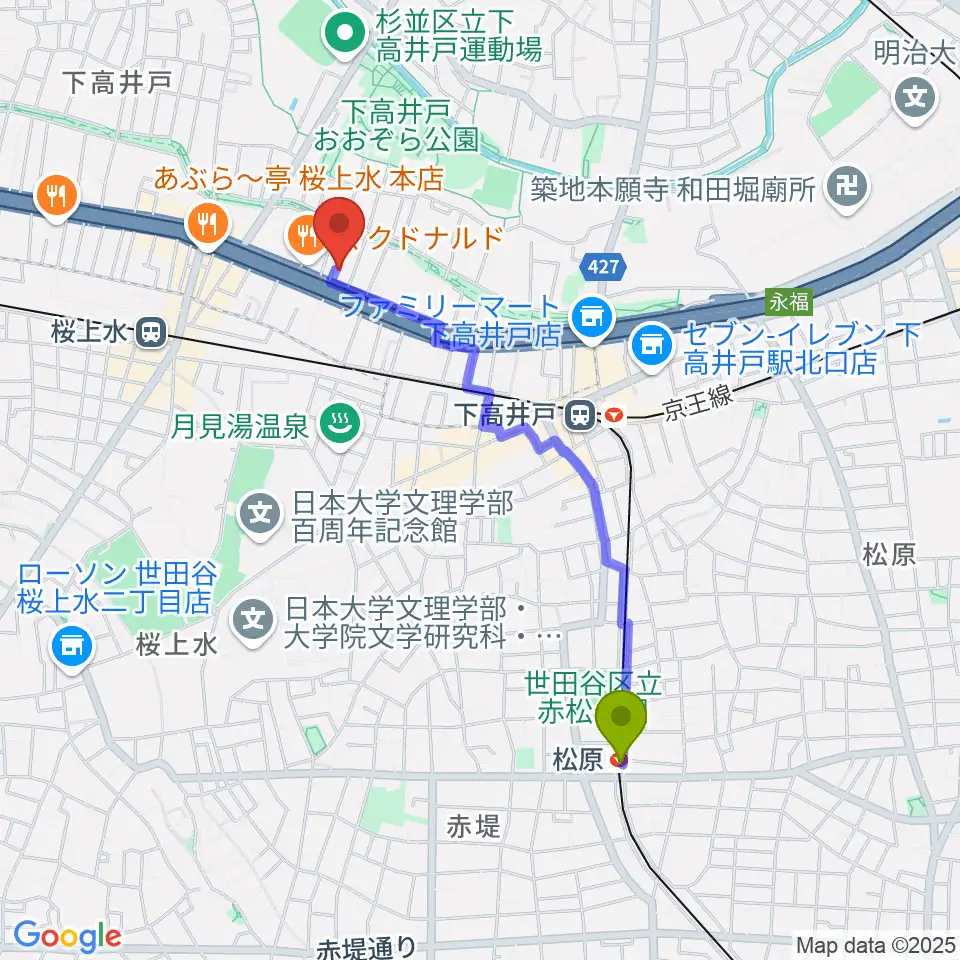 松原駅から飯田ジャズスクールへのルートマップ地図