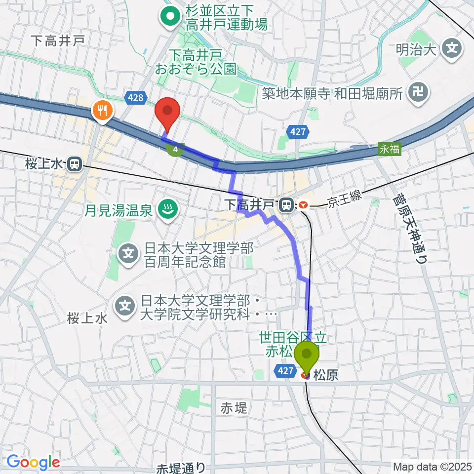 松原駅から飯田ジャズスクールへのルートマップ地図