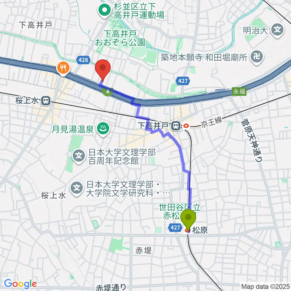 松原駅から飯田ジャズスクールへのルートマップ地図
