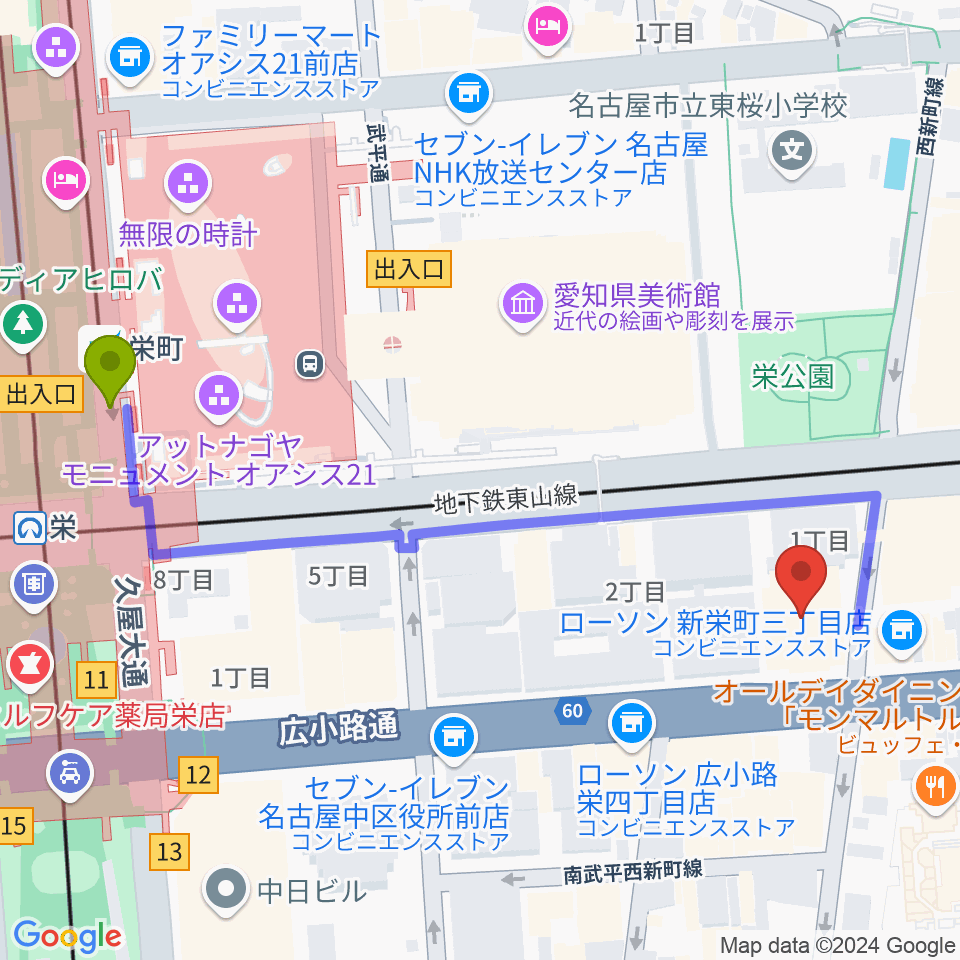 名古屋音楽学校の最寄駅栄町駅からの徒歩ルート（約6分）地図