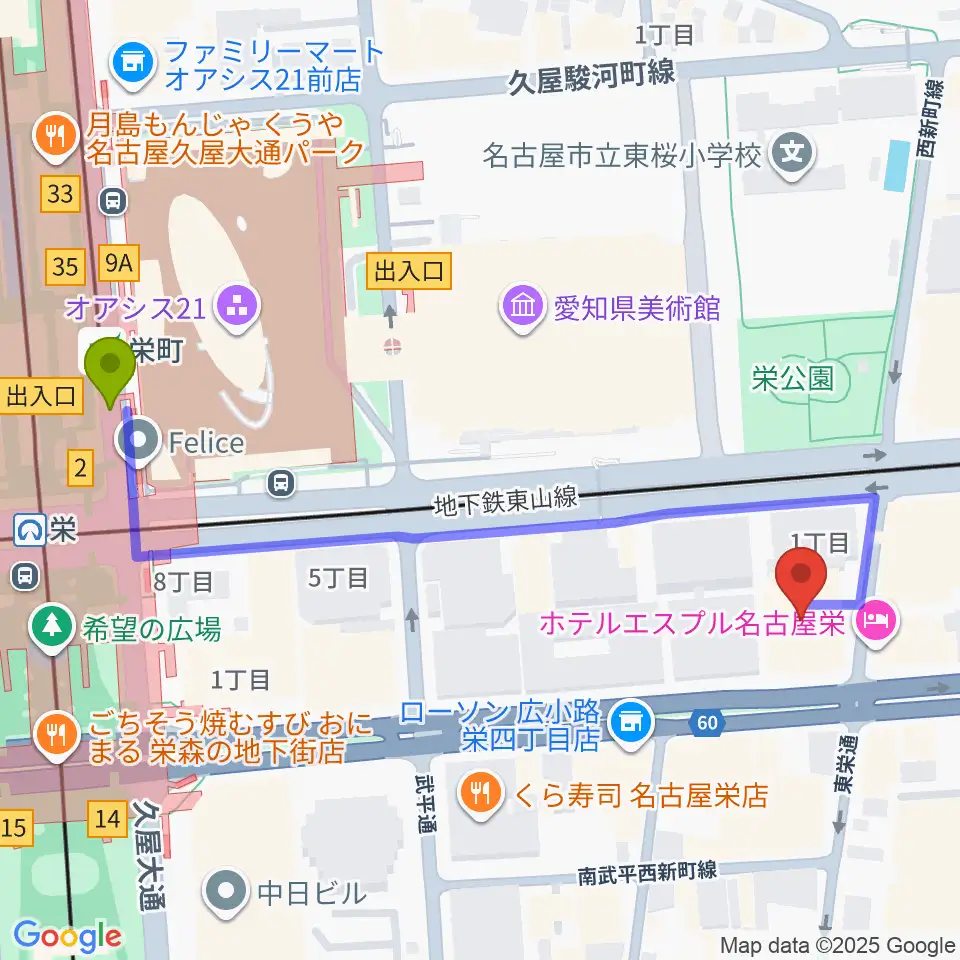 名古屋音楽学校の最寄駅栄町駅からの徒歩ルート（約6分）地図