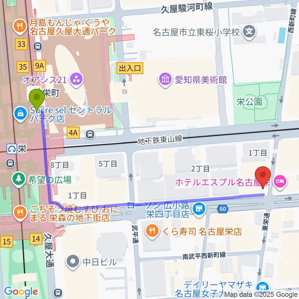 名古屋音楽学校の最寄駅栄町駅からの徒歩ルート（約6分）地図