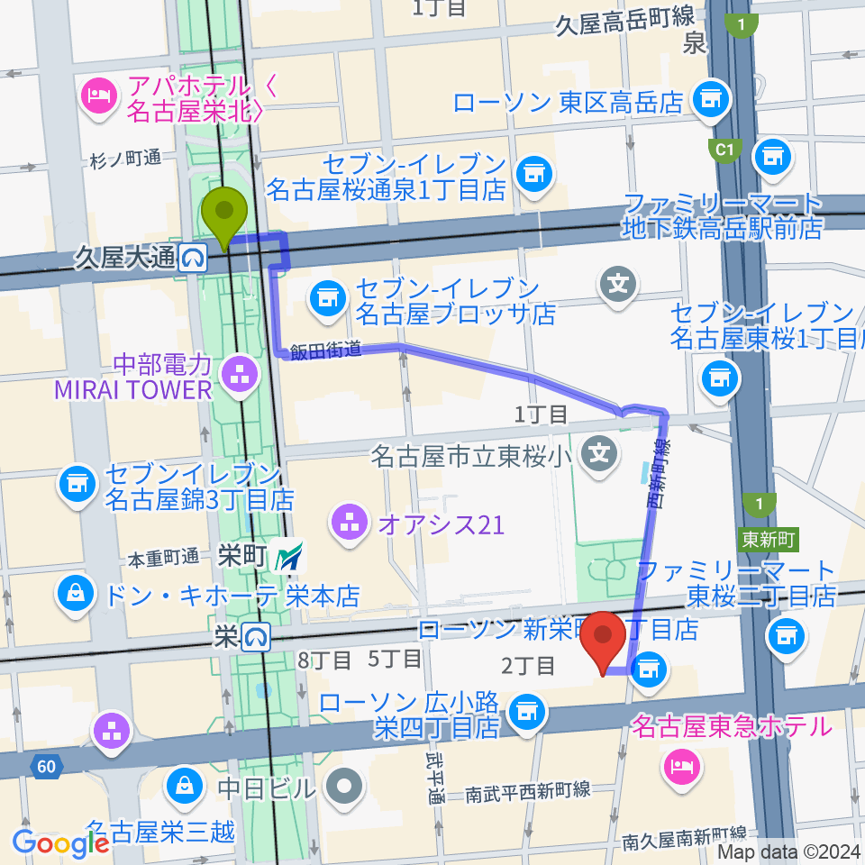 久屋大通駅から名古屋音楽学校へのルートマップ地図