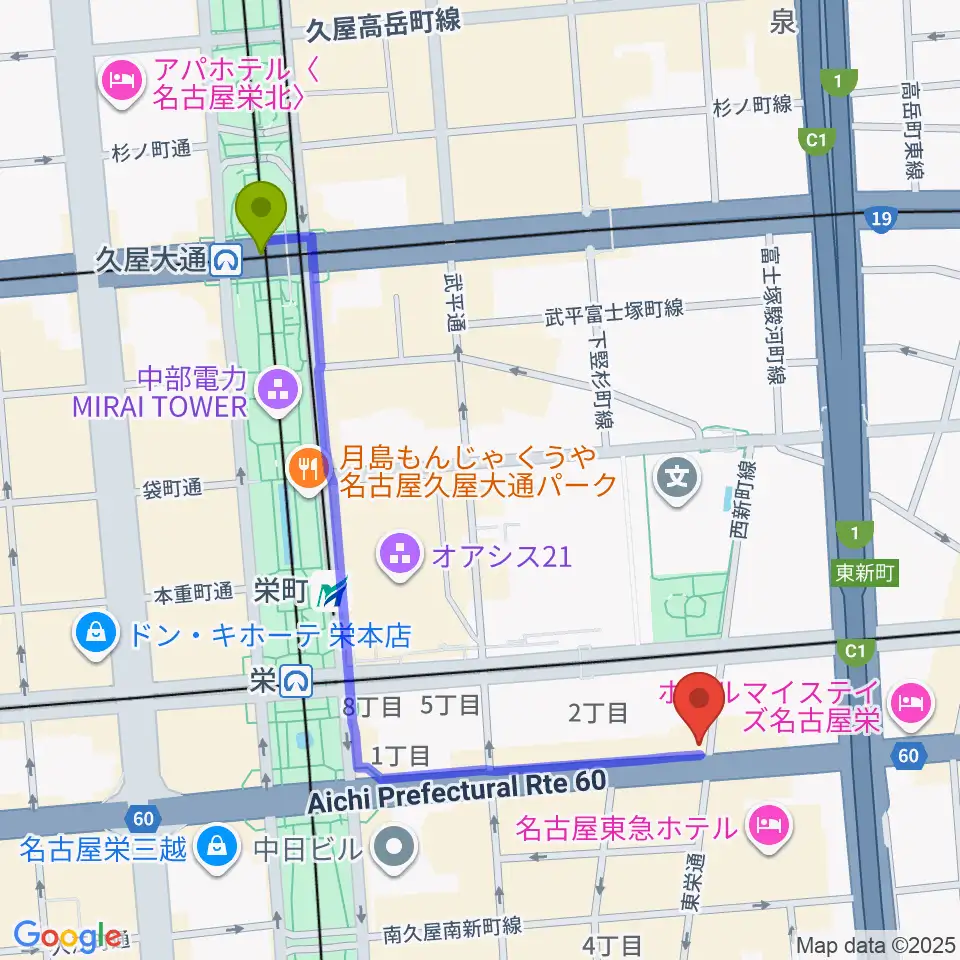 久屋大通駅から名古屋音楽学校へのルートマップ地図