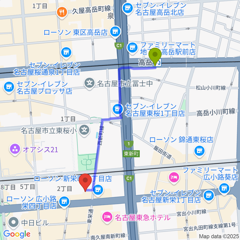 高岳駅から名古屋音楽学校へのルートマップ地図