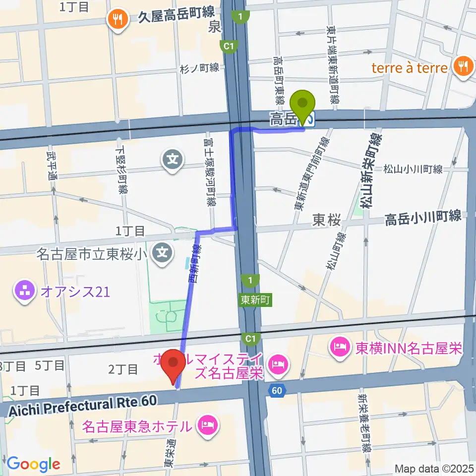 高岳駅から名古屋音楽学校へのルートマップ地図