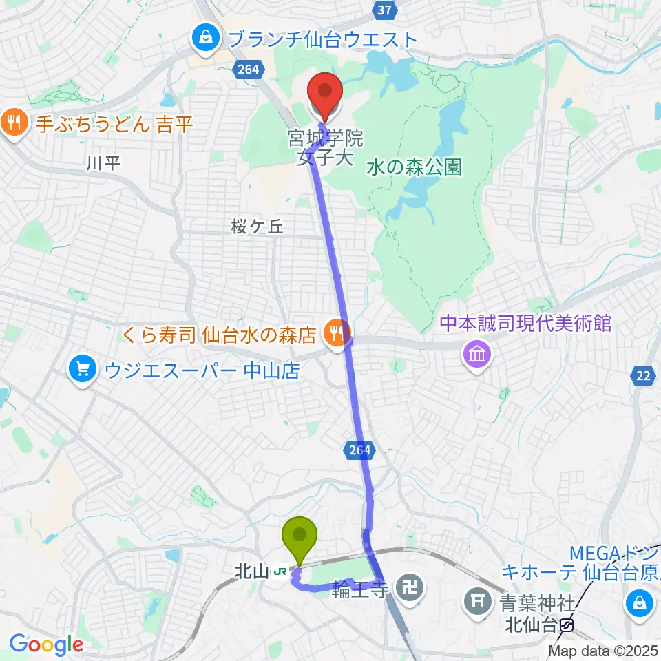 宮城学院女子大学音楽科の最寄駅北山駅からの徒歩ルート（約40分）地図